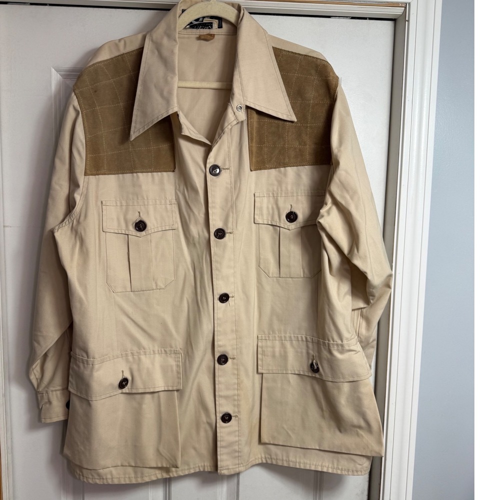 Vintage 10x Hunting Safari Jacket Tan Beige Suede Shoulder Patches Mens Size 50